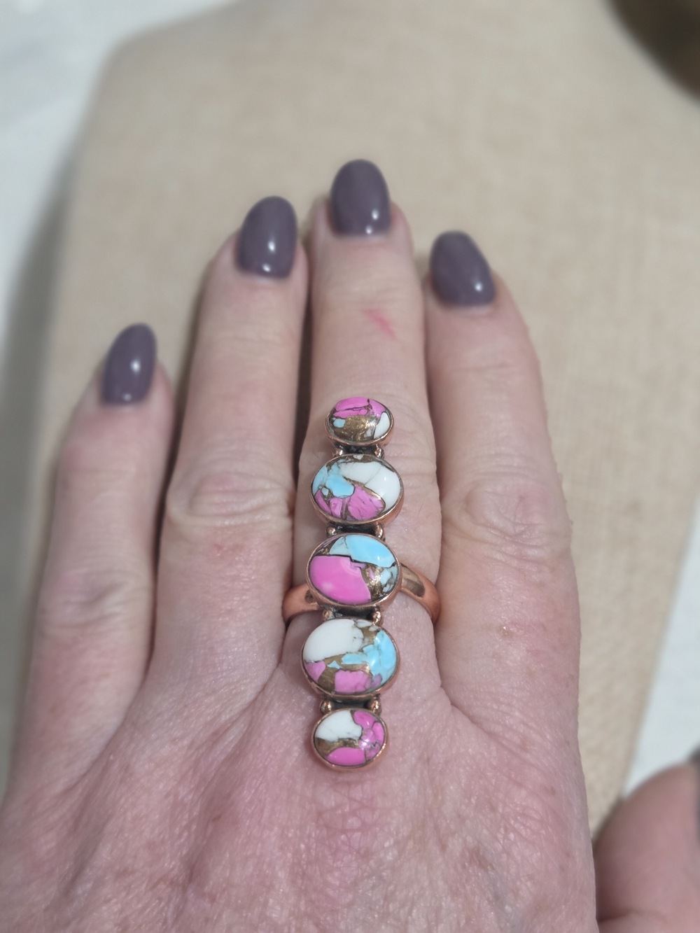 Multicolor Cotton Candy Turquoise Inlay Stackable Ring - Picture 4 of 4